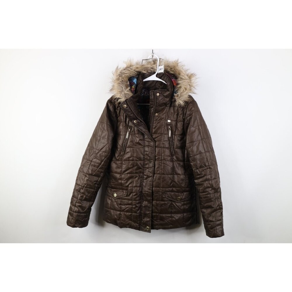 Vtg Y2K Ecko Womens Large Babydoll Faux Fur Trim Quilted Hooded Puffer Jacket